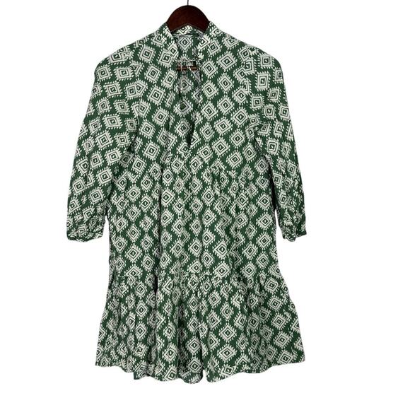 Zara Oversized Cadie Geometric Print Tiered Pleated Mini Dress Tie XS Green - Picture 2 of 15